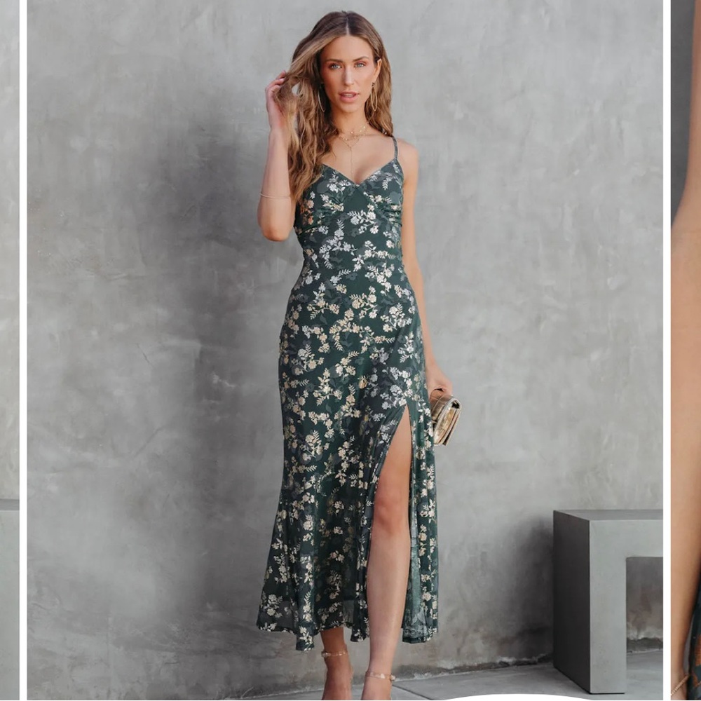 VICI EARNED IT FLORAL METALLIC SLIT MAXI DRESS